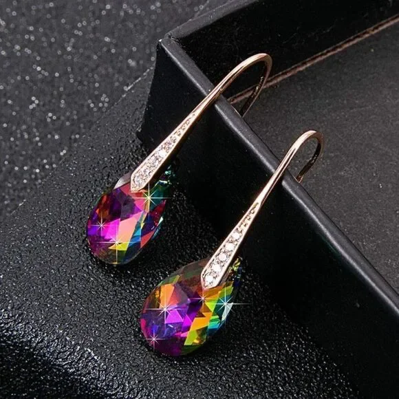 14K Yellow Gold with Vitrail Medium Austrian Crystal Teardrop Drop Hook Earrings